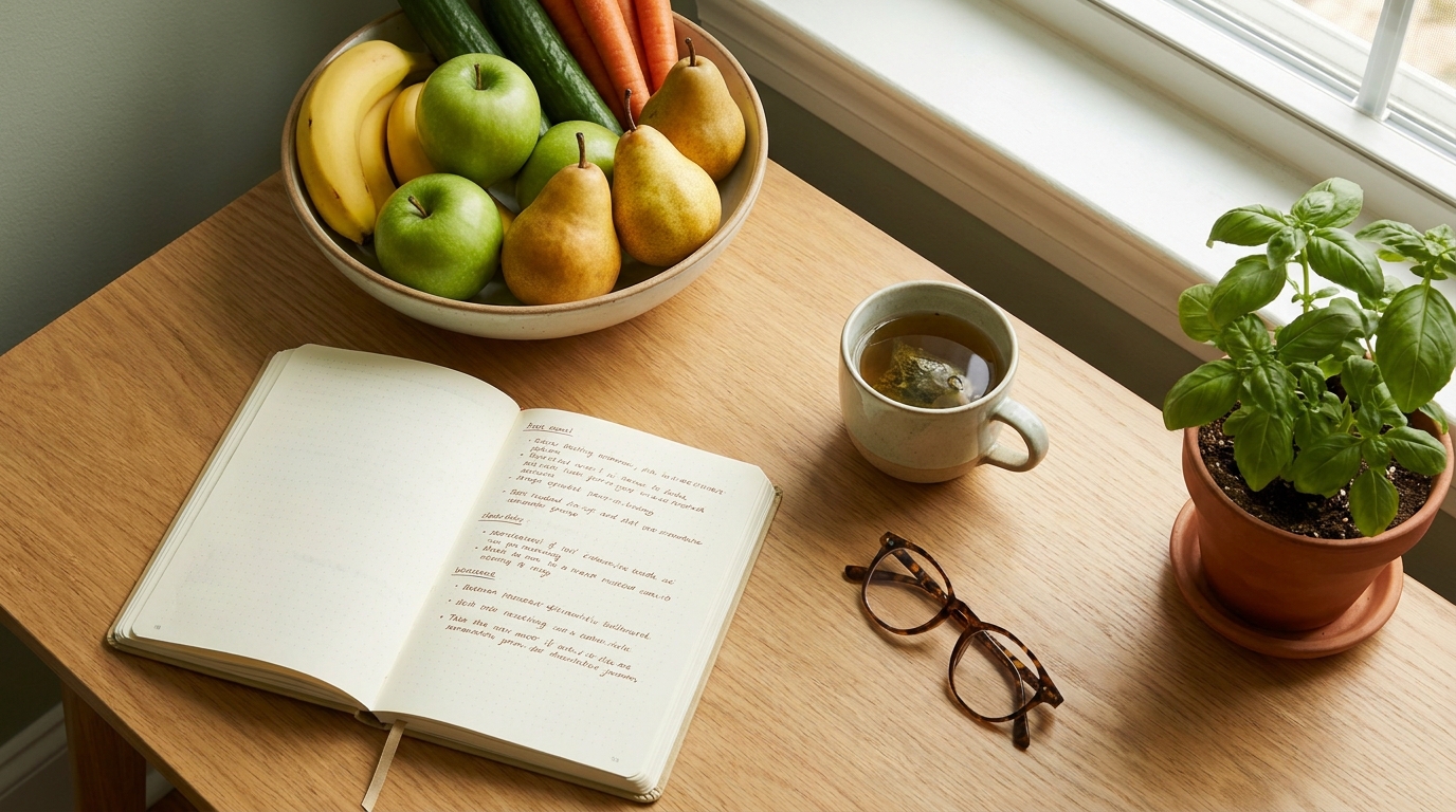 A dietitian's desk: notebook, fresh fruit and a cup of tea in warm light