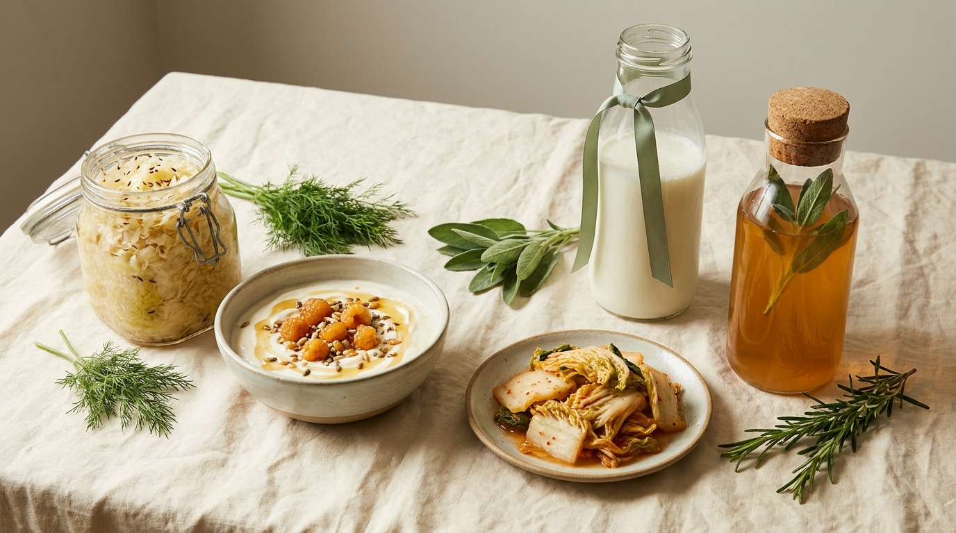 Fermented foods: sauerkraut, yoghurt, kimchi, kefir and kombucha on cream linen