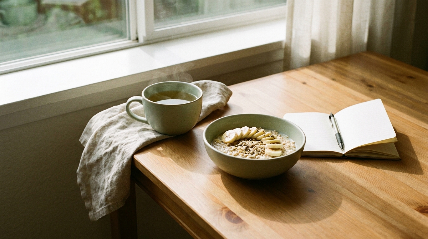 A calming cup of peppermint tea, a bowl of oats and a food diary by a bright window